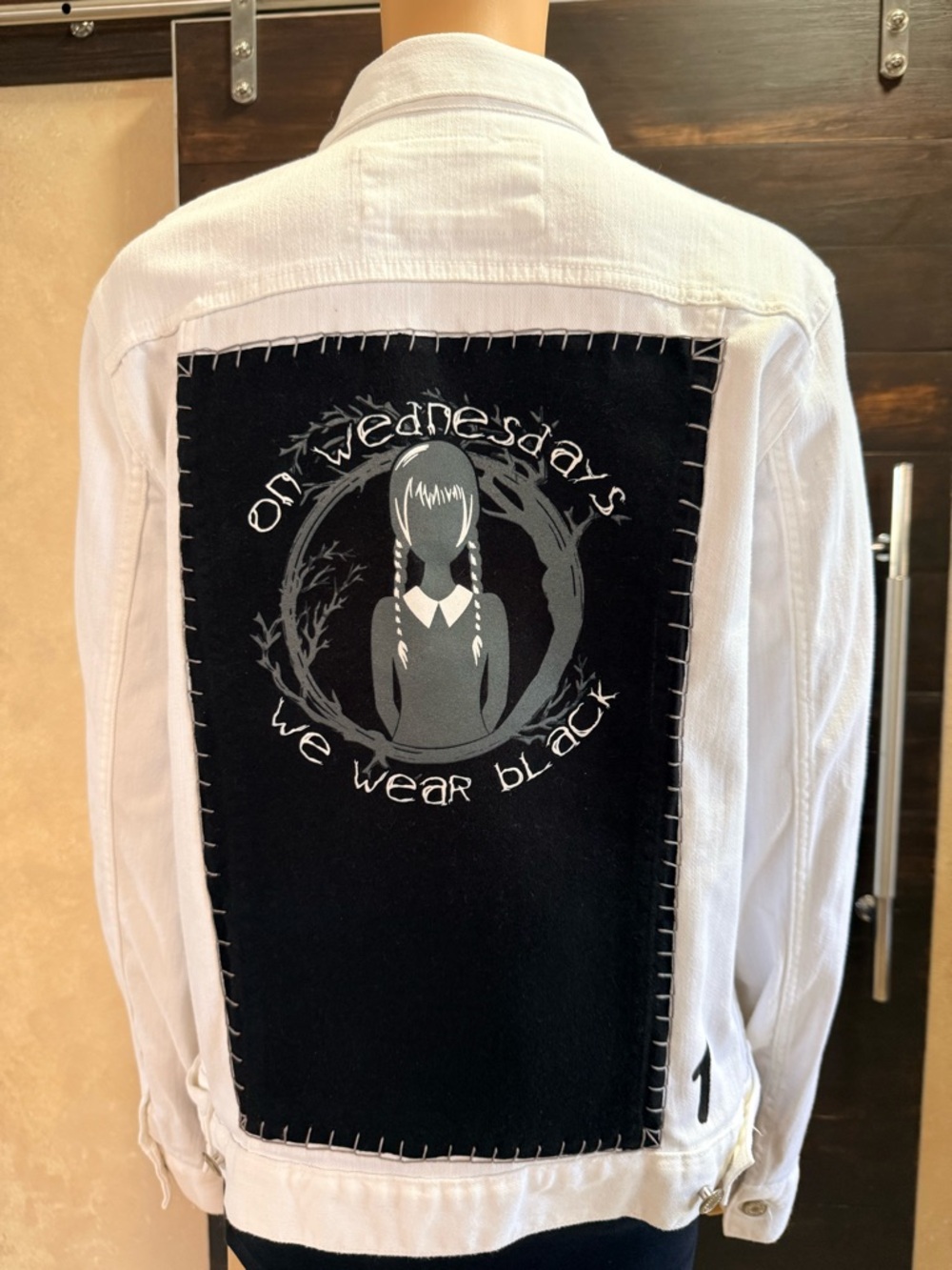 Upcycled The Limited (Wednesday Graphic) White Stretch Denim Size L
